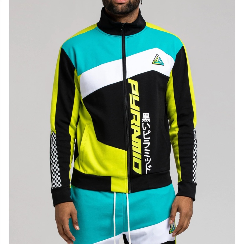 Black Pyramid -Large Pyramid ColorBlock Track Jacket - Black/Lime Green/White